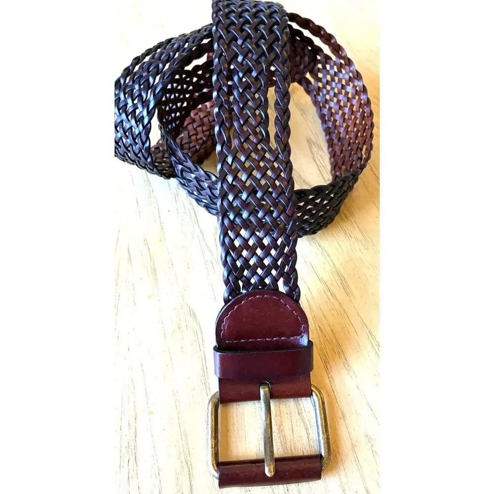 DKNY Women's Mocha Brown Braided Woven Wide Leather Belt w/ Buckle Minimalist M